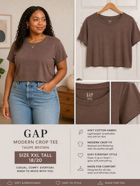 Women's GAP Short Sleeve Crop Modern Tee in Taupe Brown XXL Tall 18/20 New